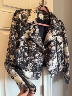 Club Monaco Black and White Floral Moto Jacket